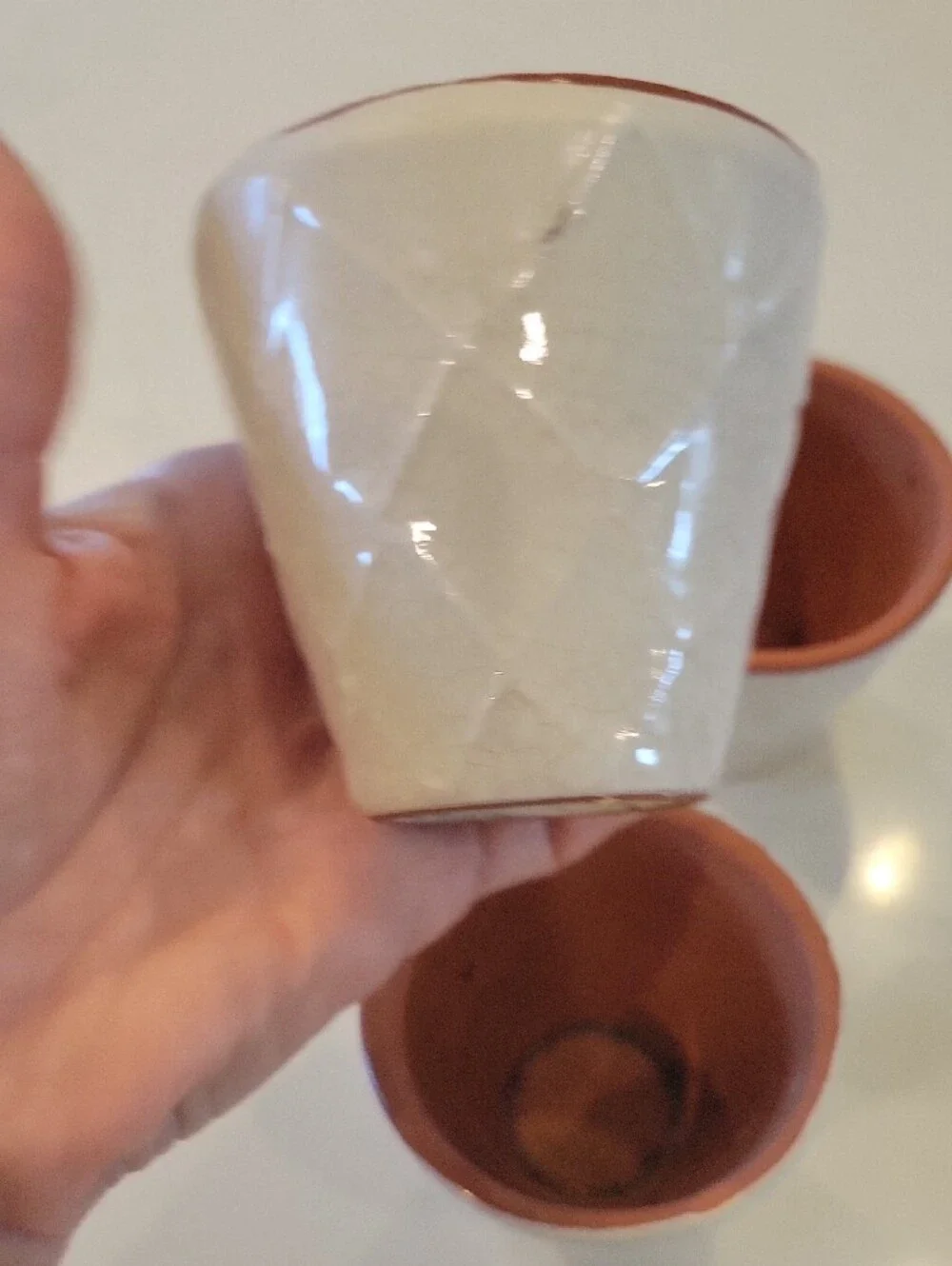 Pottery Barn White/ Cream Ceramic Planters with Terracotta Rim - Set of 3